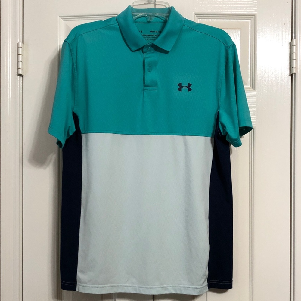 Under Armour The Performance Men's Aqua and Navy Polo Shirt Size Medium